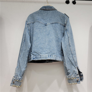 Denim <b>Jacket</b> With <b>Rhinestone</b> Beading And Studs Casual Regular Fit Short Women's Coat - Product Image 4