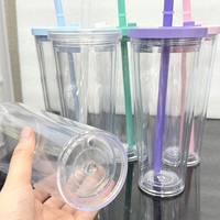 Gobelets en acrylique de 24 oz avec trou pré-percé, tasses en plastique à double paroi avec paille à boba, bouteille d'eau avec couvercle anti-fuite