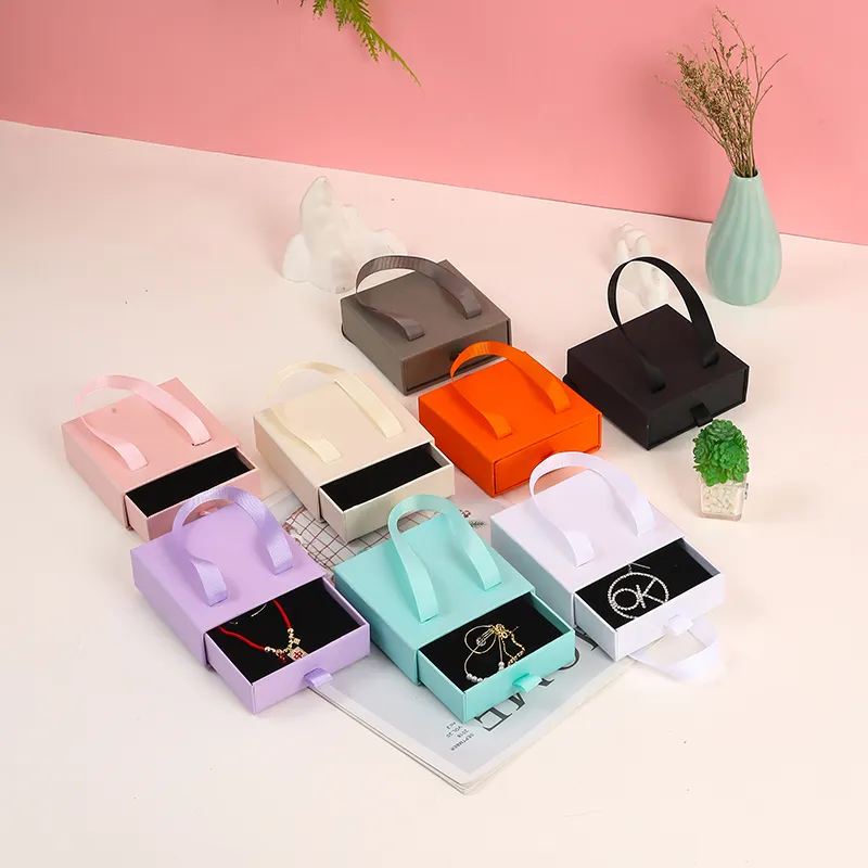 Cute Paper Small Sliding Drawer Box Ring Earrings Necklace Bracelet Gift Jewelry Packaging Boxes With Handle