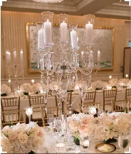 中国供应商5臂高大的婚礼支柱水晶烛台婚礼桌核心玻璃烛台落地式特价