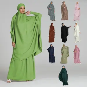 Mütevazı eid 2 parça müslüman elbise kaftan khimar başörtüsü kadınlar için çarşaf İslami giyim toptan femmes robe musulmane