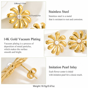 Pendientes de Perlas con Diseño Floral, Acero Inoxidable, Chapado al Vacío en Oro de 14K, Perlas de Imitación - Product Image 3