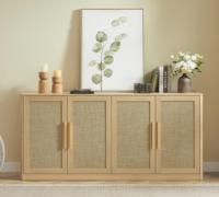 Buffet en rotin de 67 pouces, armoire de rangement à 4 portes, grande commode avec étagères, style bohème en chêne, pour salon/salle à manger/cuisine/entrée