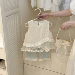 Girls Clothing Set Beige Embroidered Top With Ruffles And <b>Light</b> Blue Jeans Two Piece Summer Outfit For Toddlers - Product Image 1