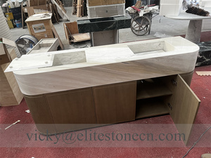 Meuble-lavabo haut de gamme en marbre blanc poli, lavabo double incurvé avec armoire en <span class=keywords><strong>bois</strong></span> massif pour salle de bain et spa - Product Image 5