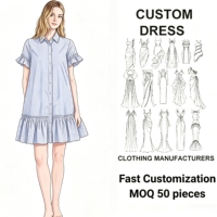 Robe chemise rayée à fleurs 100 % coton avec manches à volants pour femme, personnalisable, marque privée, mini-robe décontractée, faible MOQ 50, directement de l'usine