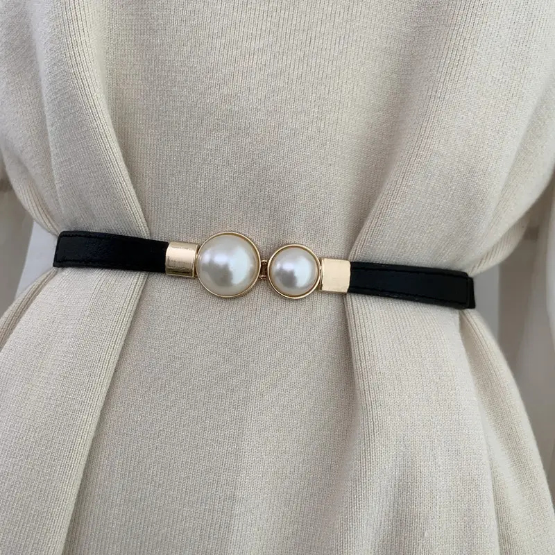 Nouveau designer dames ceinture blanche mode pull noir perles en cuir Pu ceinture pour femmes robe tissu