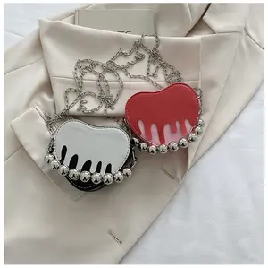 New Pu Leather Peach Heart Chain Women's Shoulder Bag Cute Pearl Messenger Bag Handbags