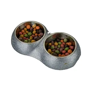 Vente en gros de bols en diamant en acier inoxydable pour chien, mangeoire pour animaux de compagnie, bol d'alimentation pour chien, design antidérapant, bol pour chien bling