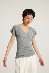 <span class=keywords><strong>T</strong></span>-<span class=keywords><strong>shirt</strong></span> décontracté <span class=keywords><strong>gris</strong></span> uni vintage à col en V pour <span class=keywords><strong>femme</strong></span>, coupe ajustée, en coton/élasthanne respirant et extensible, vente en gros OEM - Product Image 4