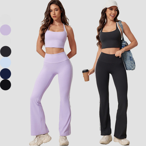 Ensemble de yoga pour femmes : Soutien-gorge de sport à dos élégant avec design à bandes color-block et Leggings de fitness taille haute évasés effet push-up - Product Image 1