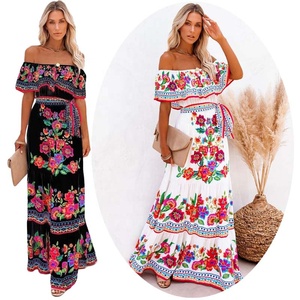 Robes bohèmes mexicaines décontractées Robe longue ethnique Robe d'été tropicale Tenues bohème Vêtements <span class=keywords><strong>de</strong></span> paysans Robe florale - Product Image 1