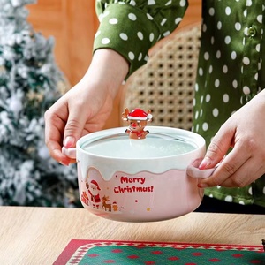 トナカイ柄のクリエイティブな麺鉢、取っ手とガラス蓋付き、雪だるまロゴデカール付きセラミックボウル、クリスマス用、学生向けのかわいいボウル - Product Image 4