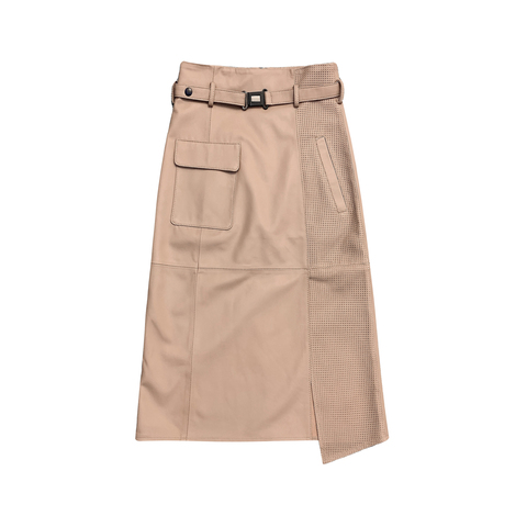 1308 Fashion Cargo High Waist Sheepskin Long Skirt Leisure Fork Genuine Leather Skirt