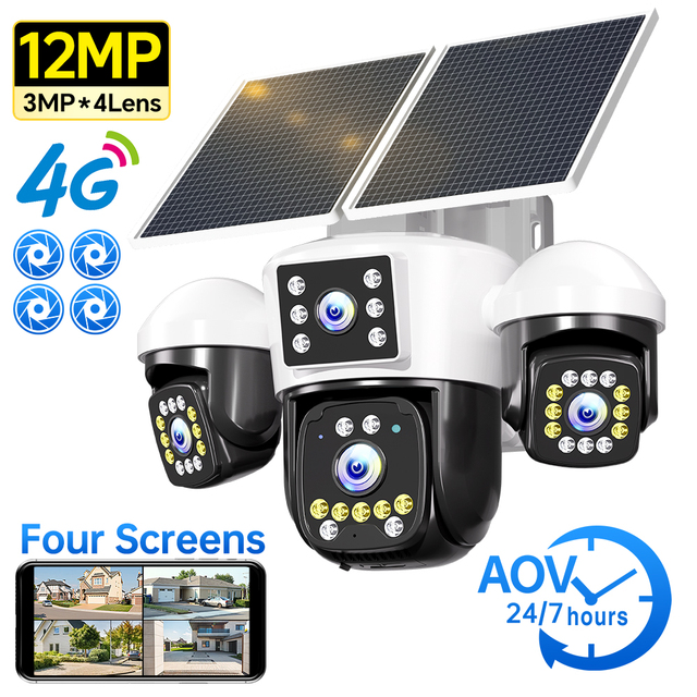 Real 4 Lens 4G Solar Cameras Home Security Intelligent Solar Energy Alert Solar Ptz 4g Camera Solar Camera Solar Sim Camera