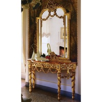 Ensemble de salon de villa classique en bois massif antique, table console en feuille d'or avec plateau en marbre véritable et miroir