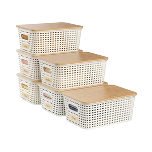 Contenedor de Almacenamiento de Plástico con Tapa de Bambú, Cestas de Almacenamiento Decorativas Apilables con Etiqueta para Organizar Estantes y Armarios - Product Image 1