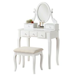 Table de maquillage avec tabouret, miroir réglable, tiroirs de rangement, meubles de chambre à coucher, bois blanc, design traditionnel - Product Image 6