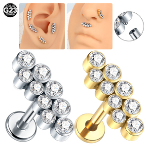G23 Boucles d'oreilles filetées internes en titane Tragus Cartilage <span class=keywords><strong>Helix</strong></span> Daith Piercing Stud Double Line 9 CZ Labret Piercing Lip Ring 16G - Product Image 3