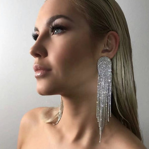 New Fashion Silver Rhinestone Crystal Bridal Chandelier Long Tassels Dangle Earrings for Wedding Mother's Day Gift