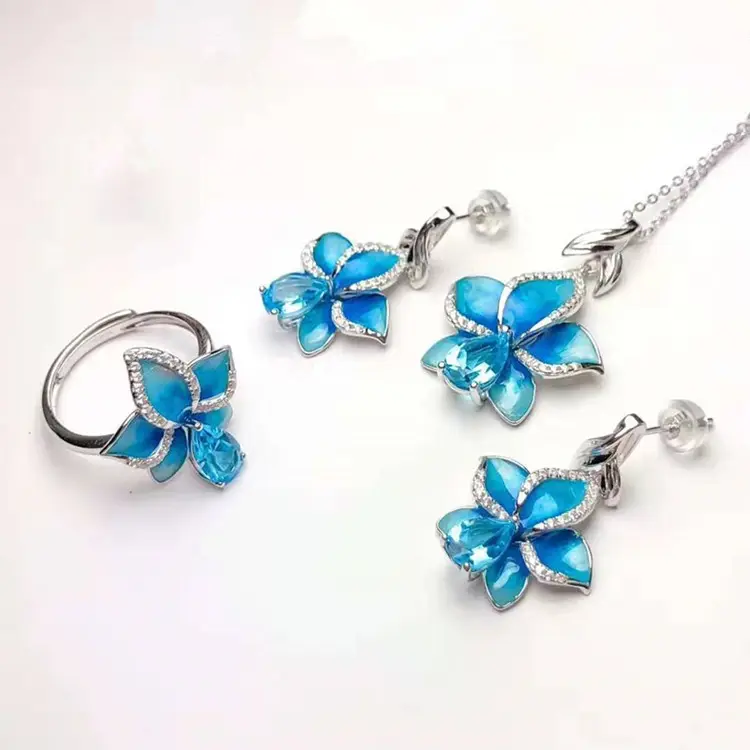newest beautiful gemstone jewelry 925 sterling silver 18k gold plated natural blue topaz earring pendant necklace ring set