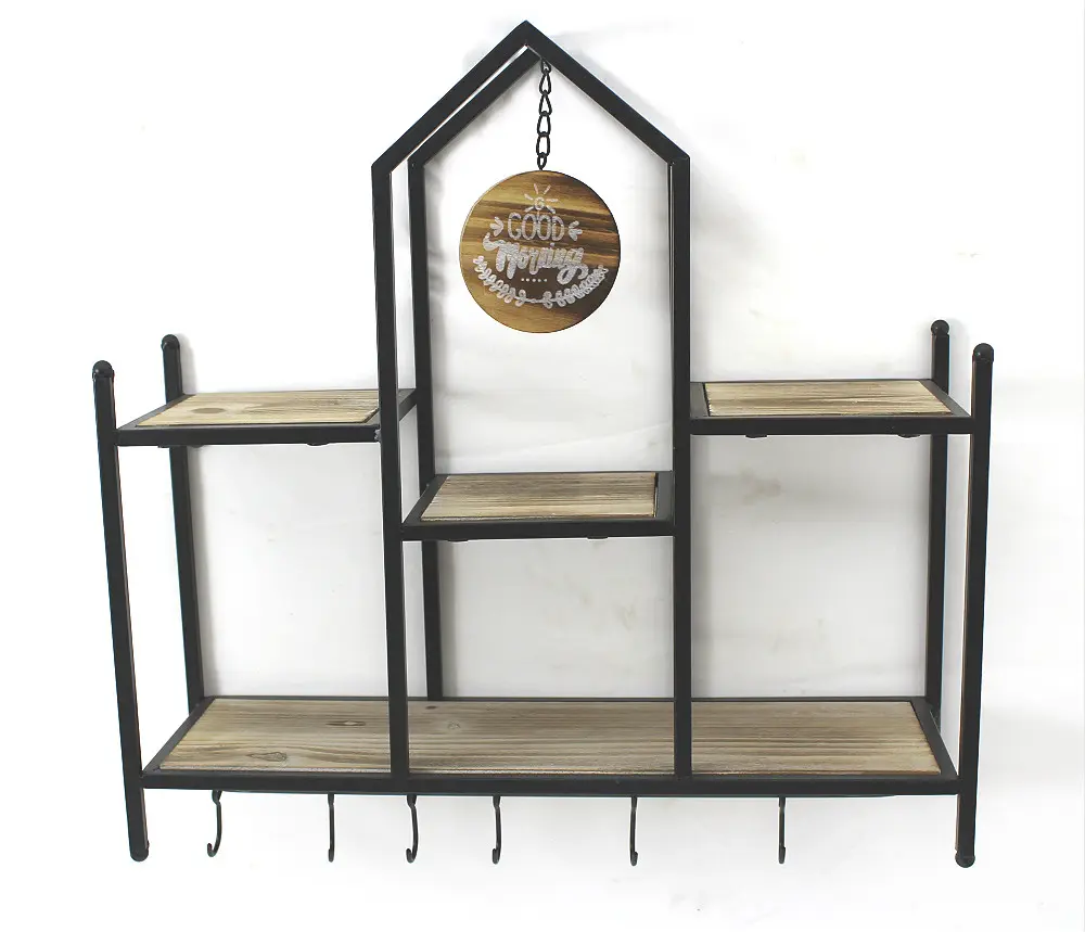 2 Tier Rustikale Hausform Massivholz Metall Wand halterung Regal mit Haken Wohnkultur für Schlafzimmer, Wohnzimmer, Badezimmer, Küche