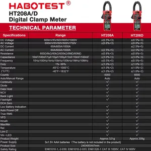 มิเตอร์วัดกระแสไฟฟ้าแบบดิจิตอล HT208 ความแม่นยำสูง 1000A 1000V True RMS ใช้แบตเตอรี่ 3 ก้อน 1.5V สำหรับการทดสอบค่าความจุ โอห์ม และเฮิรตซ์ - Product Image 3