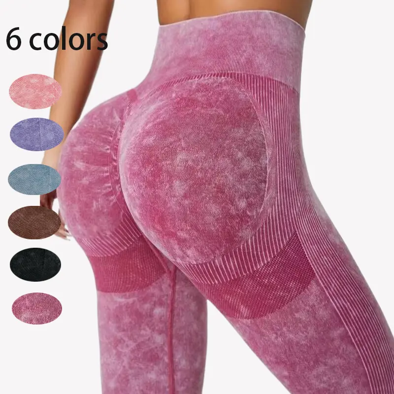 Mujeres gimnasio Fitness Wear ácido lavado pantalones ropa deportiva entrenamiento correr mallas Push Up Yoga Leggings