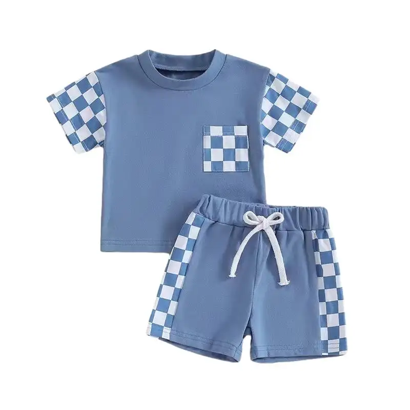 High Quality Trendy Plaid Style T-Shirt suit Energetic Summer Set for Kids Clothing Sets