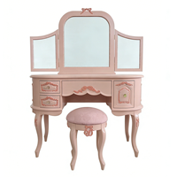 Ensemble de coiffeuse en bois massif sculpté à 3 miroirs de style princesse rose pâle (avec tabouret)