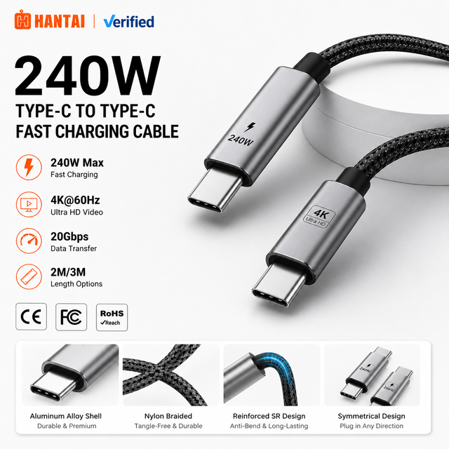 High Power 240W USB-C to Type-C Cable PD 3.1 Fast Charging 20Gbps Data Sync 4K 60Hz Video Output Durable Braided Nylon IOS