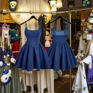 2025 Women's Empire Waist A-Line Skirt <strong>Dress</strong> Latest Design Vintage Style Solid Patchwork Midi Sexy <strong>Denim</strong> Blue Halter Spring - Product Image 3