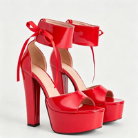 Sandales à plateforme rouges vernies pour femmes, bout ouvert, avec nœud en ruban de satin et bride cheville, talon bloc épais, style D'Orsay, chaussures de soirée