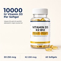 Vitamine D3 10000 UI personnalisée non-OGM avec K2 MK7 200mcg et B12, huile de coco vierge pour le soutien cardiaque et immunitaire des adultes, sans gluten, végétalien