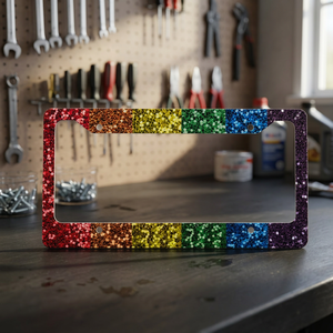 Color Flow Creations Rainbow Glitter Look <b>License</b> Plate <b>Frame</b> Clamp Type Durable Stylish Plastic Simulated Glitter 175mm Hole - Product Image 3