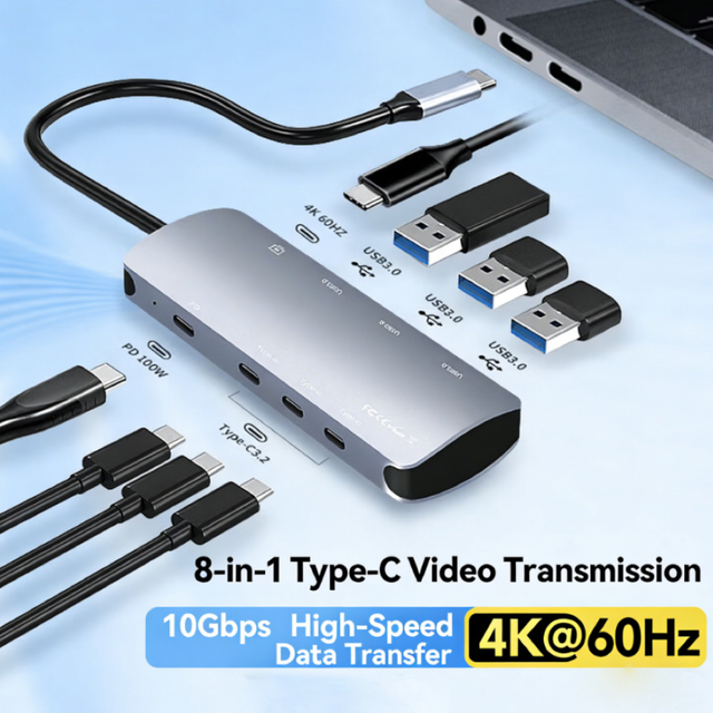 8-in-1 USB-C 3.2 Aluminum Alloy Hub 4K60Hz Adapter Compatible with Smart Watch for Speaker Microphone & 4K Projector-Stock