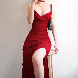 S4530C Herbst neue sexy Hosenträger rücken frei hoch geteilte Kleid Damen rot Party kleid Frauen Nachtclub Urlaub Festival tragen