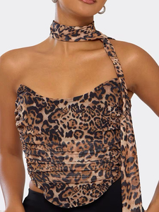 Fashionable Summer <strong>Bandeau</strong> Scarf Detail Corset <strong>Top</strong> in <strong>Brown</strong> Leopard PrintCrop <strong>Tops</strong> for Women - Product Image 3