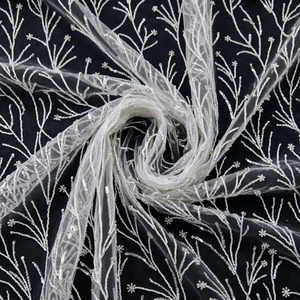 Tissu en dentelle de tulle brodé uni avec perles d'ivoire et branches de saule tissées 13372 Densité 70GSM pour filles - Articles en stock - Product Image 1
