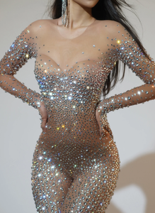 Performance Vêtements Discothèque Bar Plein Diamant Maille À Manches Longues Une Pièce <span class=keywords><strong>Pantalon</strong></span> <span class=keywords><strong>Femme</strong></span> Saut Fille Danse Équipe Chanteur - Product Image 3