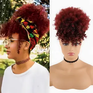 Extensão de cabelo sintético, cabelo curto encaracolado com franjas, cordão, rabo de cavalo, puff afro, peças para mulheres