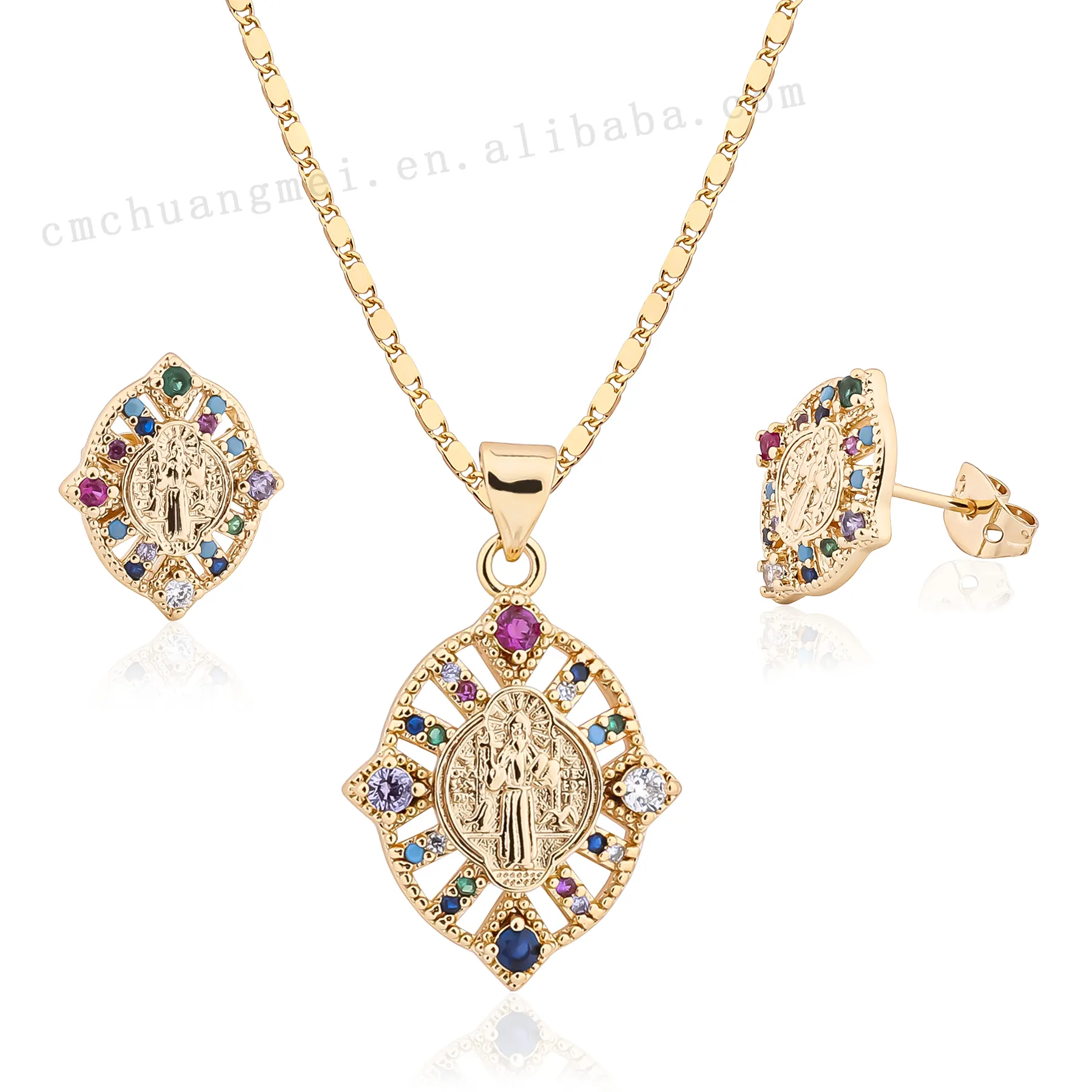 Conjunto de joias para mulheres, conjunto de joias banhadas a ouro 18k, religioso, pingente, joias coloridas, conjuntos de joias para mulheres