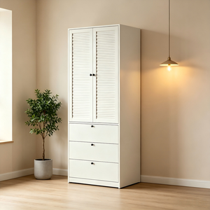 Armoire moderne en métal blanc crème avec 3 grands tiroirs et portes ondulées cannelées, sans formaldéhyde, pour chambre à coucher - Product Image 2