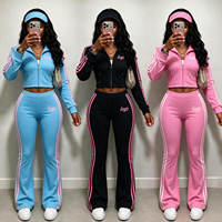 Ensemble de survêtement Y2K personnalisé pour femme, de luxe, avec sweat à capuche zippé en molleton bouclette et pantalon de jogging évasé à rayures latérales