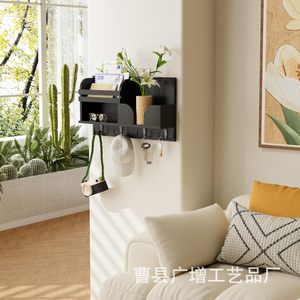 Wooden <b>Wall</b> <b>Mounted</b> <b>Shelf</b> Black 2 Layer Key Rack Entryway Organizer Storage Rack - Product Image 1
