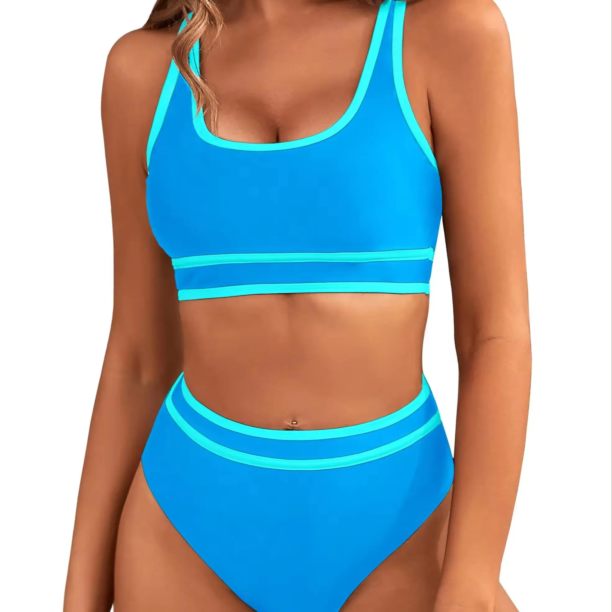 Bán Hàng Nóng Đồ Bơi Giá Rẻ Bơi Bikinis Set/Cao Eo Bikini Sọc Thiết Kế Màu Xanh Trưởng Thành Phụ Nữ Cực Bikini