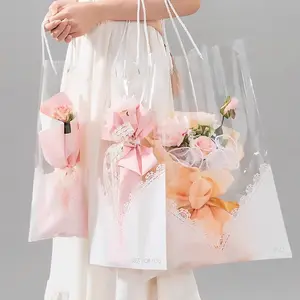 वैलेंटाइन डे फूलों का गुलदस्ता टोट उपहार बैग कस्टम सोया स्याही जलरोधक पारदर्शी पीवीसी DIY फूल प्लास्टिक फूल हैंड बैग