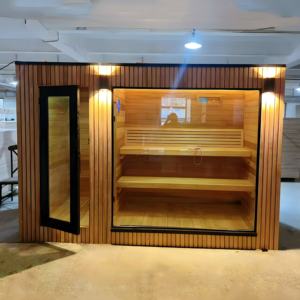 <span class=keywords><strong>Cabine</strong></span> <span class=keywords><strong>de</strong></span> <span class=keywords><strong>douche</strong></span> moderne en bois <span class=keywords><strong>de</strong></span> pruche écologique avec sauna infrarouge extérieur à toit plat, trous pré-percés, installation facile DIY pour villa - Product Image 3