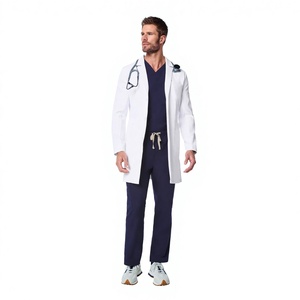 <span class=keywords><strong>Camice</strong></span> Medico Lungo da <span class=keywords><strong>Uomo</strong></span> in Poliestere Dobby Bianco, Antibatterico e Resistente al Cloro, per Uso Ospedaliero, Consegna Campione in 7 Giorni - Product Image 1