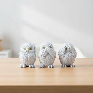 Handcrafted three wise owl figurines set minimalist <b>stone</b> look sculpture decorative accent for modern shelf desk and home decor - Product Image 1
